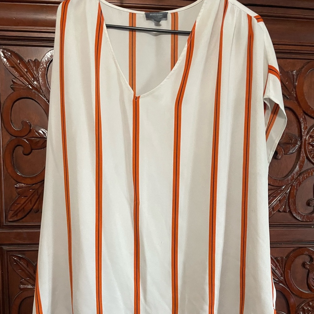 Madison short sleeve ( almost sleeveless) white shirt with small orange stripes